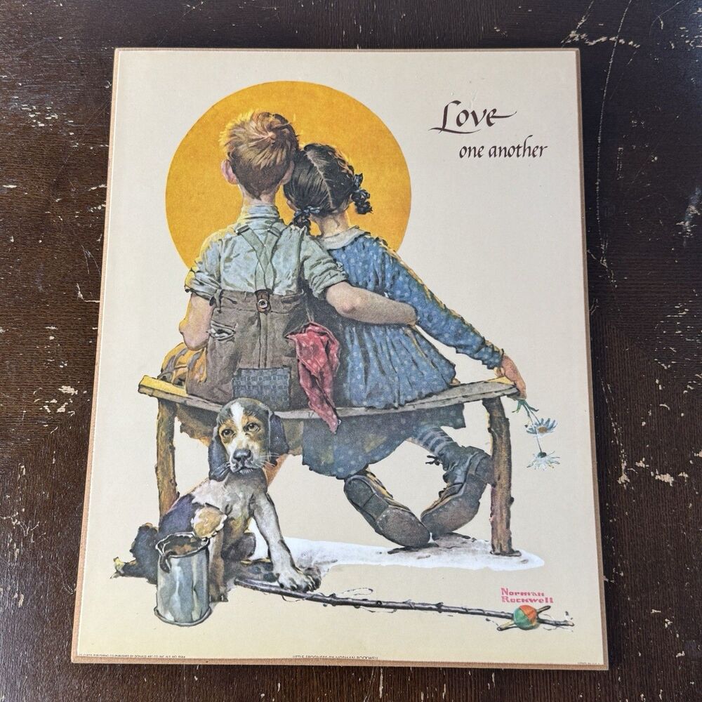 Donald Art Co Lithograph 11x14 Little Spooners Norman Rockwell Wood Shellac Fnsh